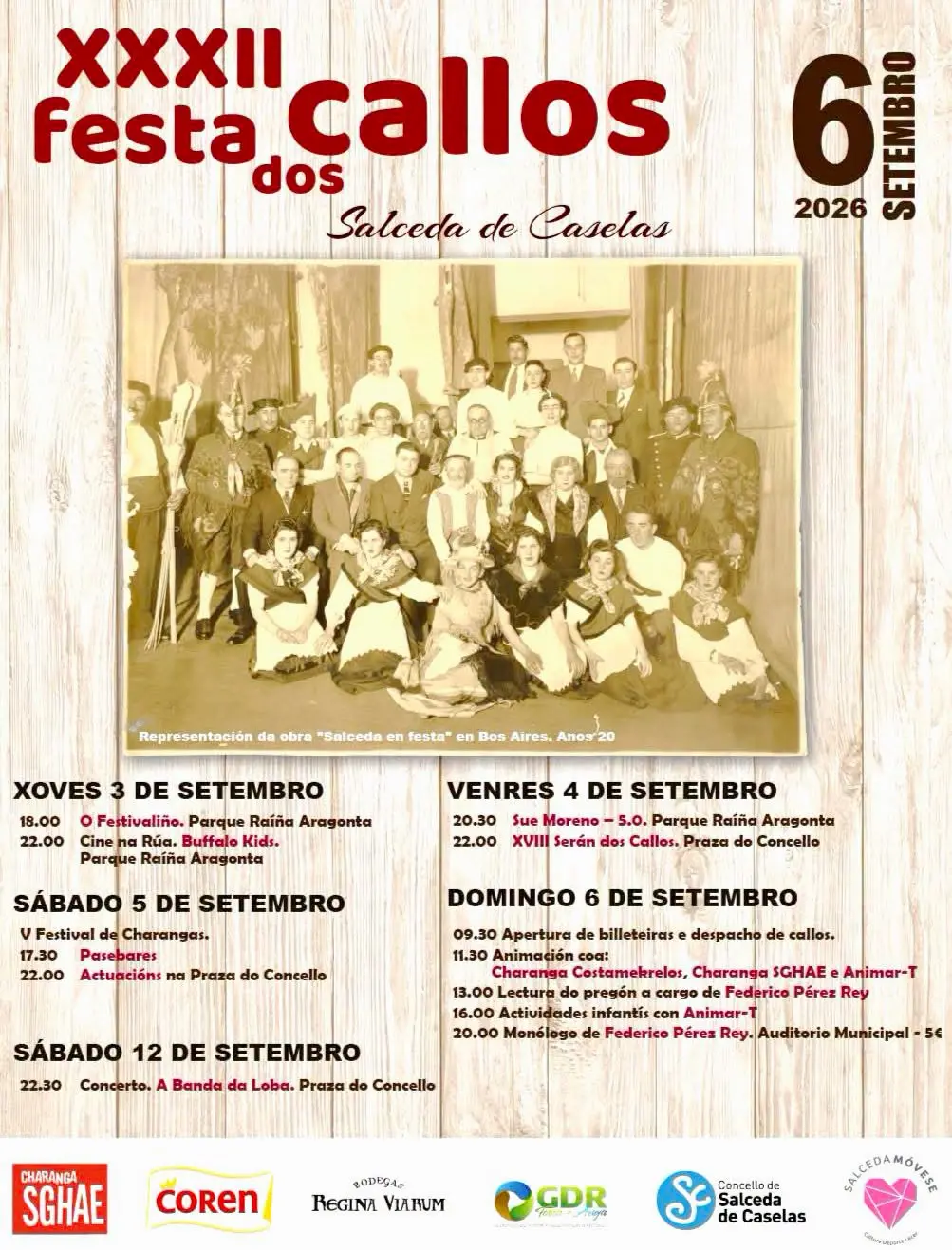 Cartel de la XXXII Festa dos Callos 2026 en Salceda de Caselas, con el programa del 3 al 12 de septiembre y una fotografía histórica de Salceda en Buenos Aires.