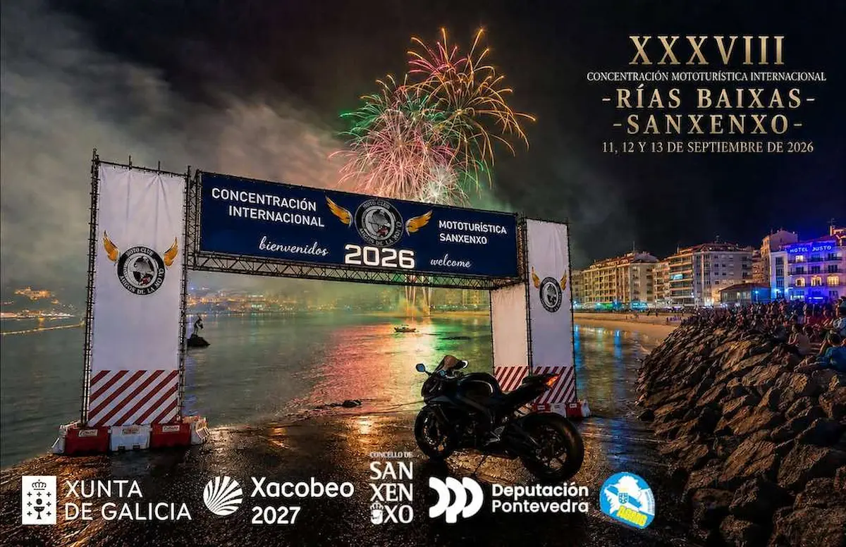 Cartel de la Concentración Mototurística Rías Baixas 2026 en Sanxenxo, del 11 al 13 de septiembre, con Llorente & Tribu y el 40.º aniversario del Moto Club.