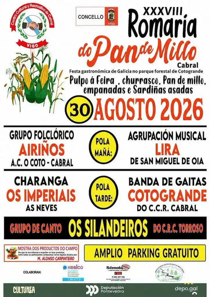 Cartel oficial de la 38 Romaría do Pan de Millo de Cabral en Cotogrande Vigo con espigas de maíz y listado de grupos musicales