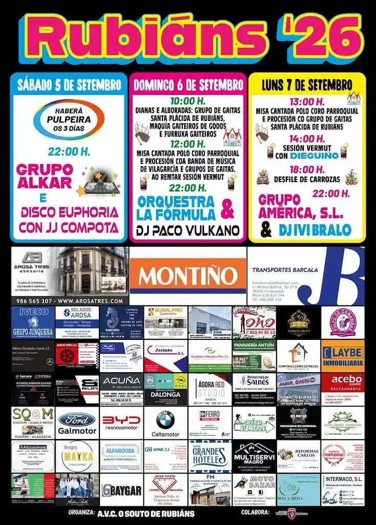 Cartel oficial de las fiestas patronales de Rubiáns 2026 con el programa por días, grupos de gaitas y orquestas