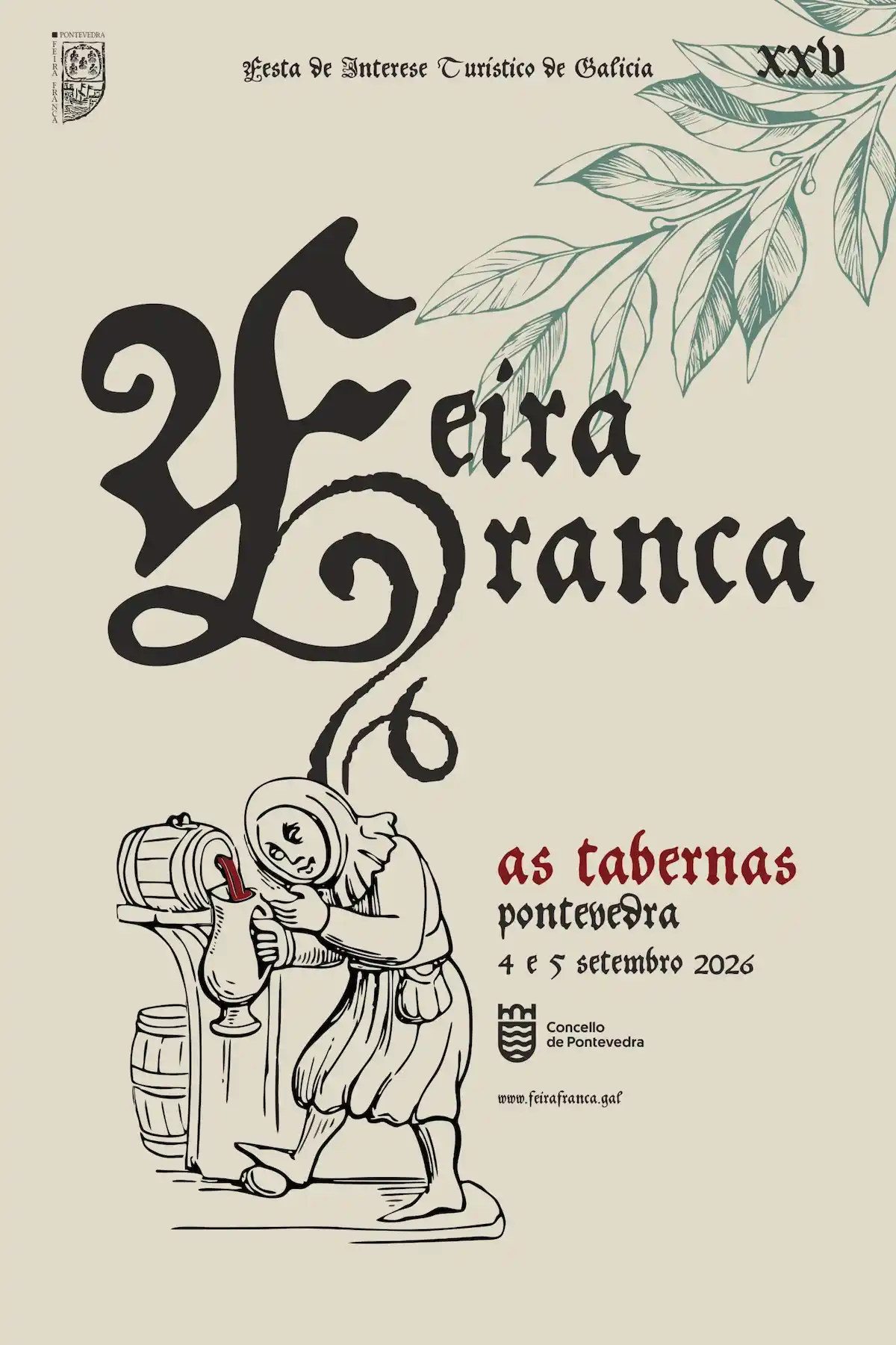 Cartel oficial de la Feira Franca de Pontevedra 2026, dedicada a As Tabernas y celebrada el 4 y 5 de septiembre