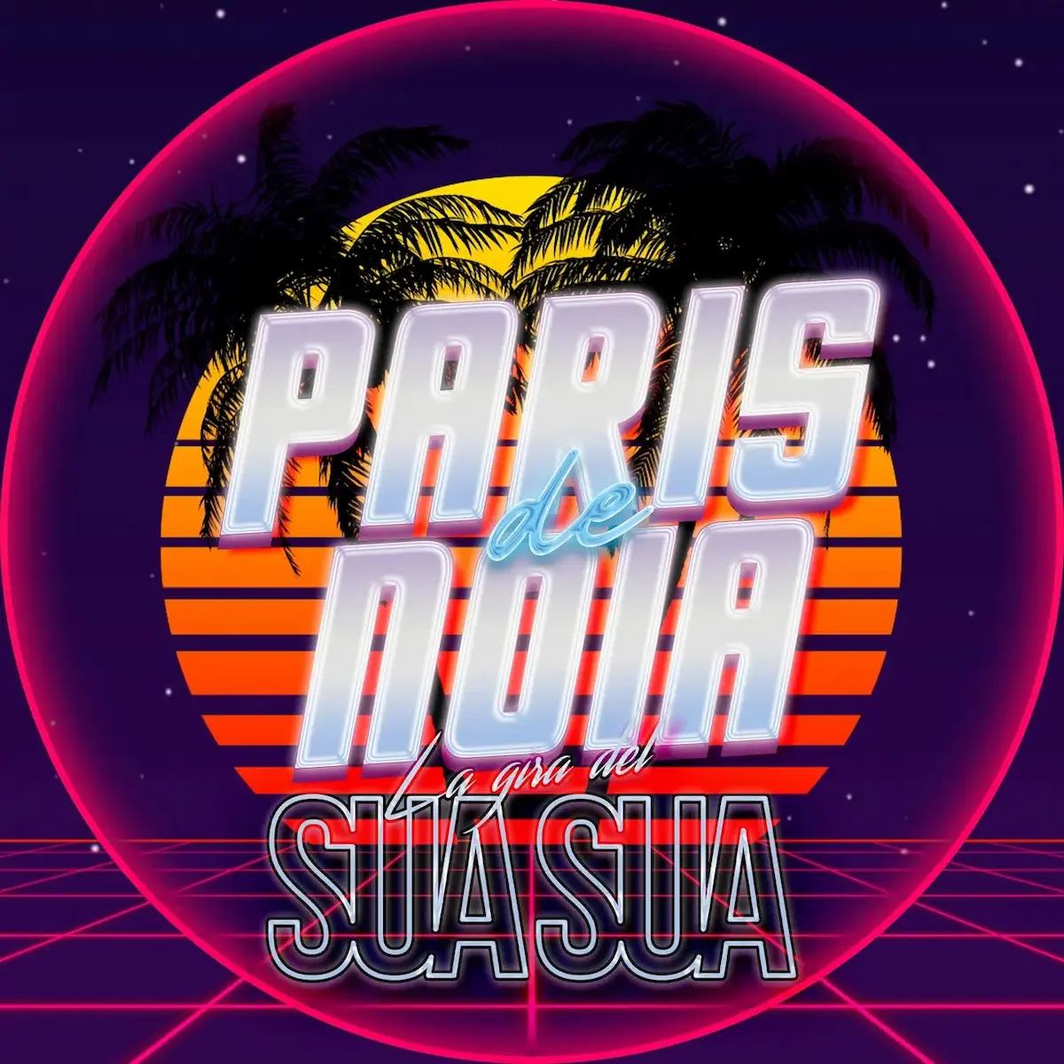Logotipo de París de Noia sobre un diseño de estilo retro con palmeras y luces de neón