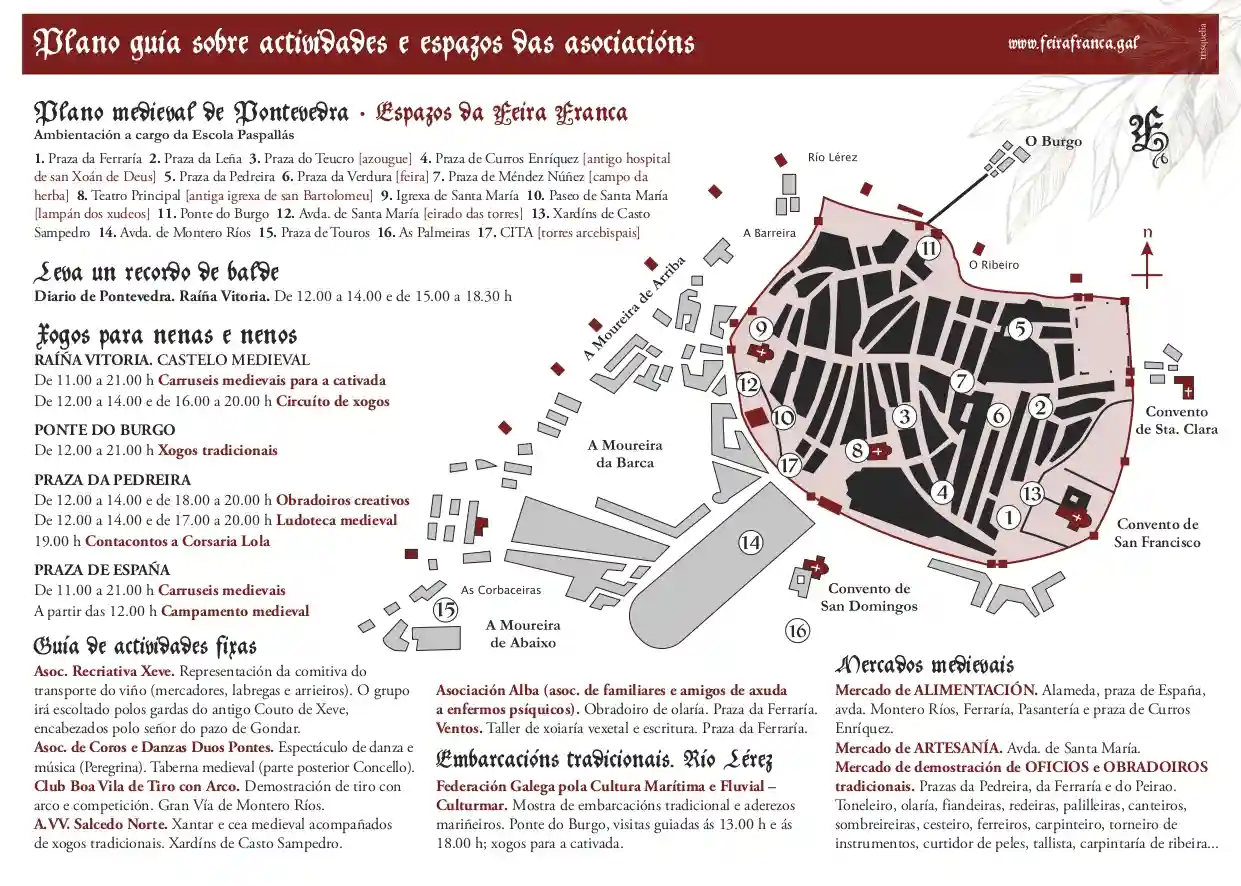 Plano oficial de la Feira Franca de Pontevedra 2026 con la ubicación de mercados, talleres, actividades infantiles y espacios medievales