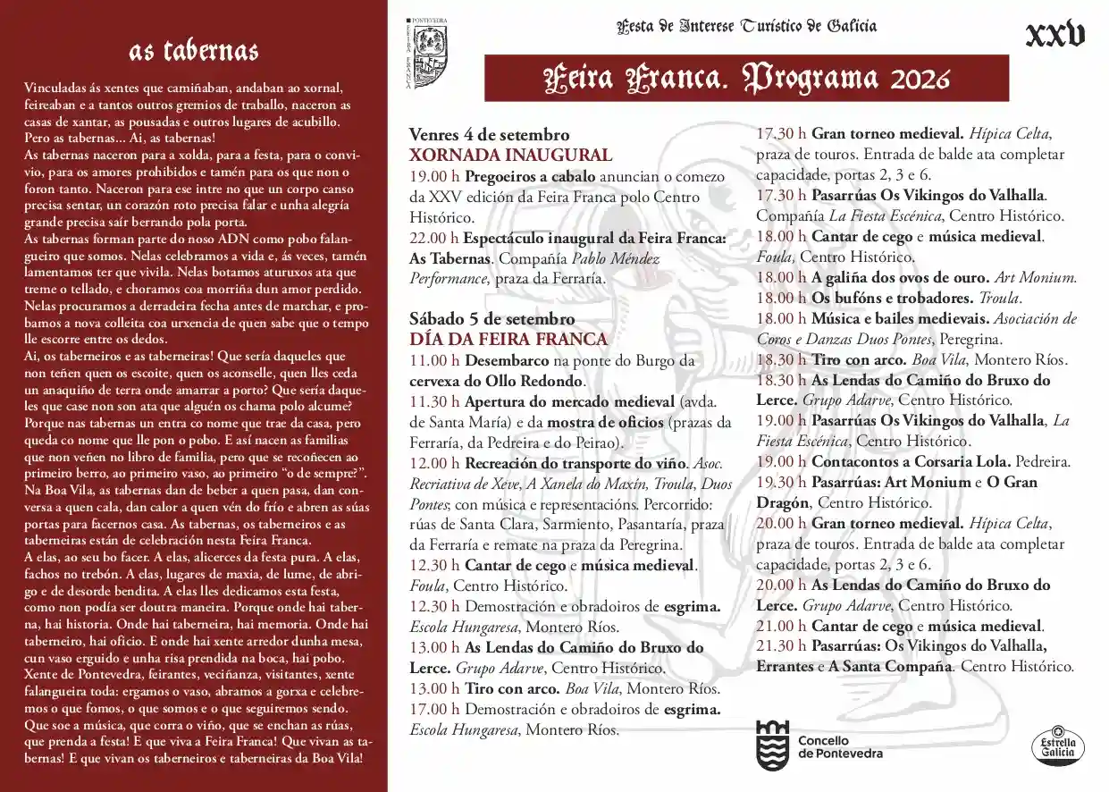 Programa oficial de la Feira Franca de Pontevedra 2026, con los horarios del 4 y 5 de septiembre, el Transporte do Viño y el Torneo Medieval