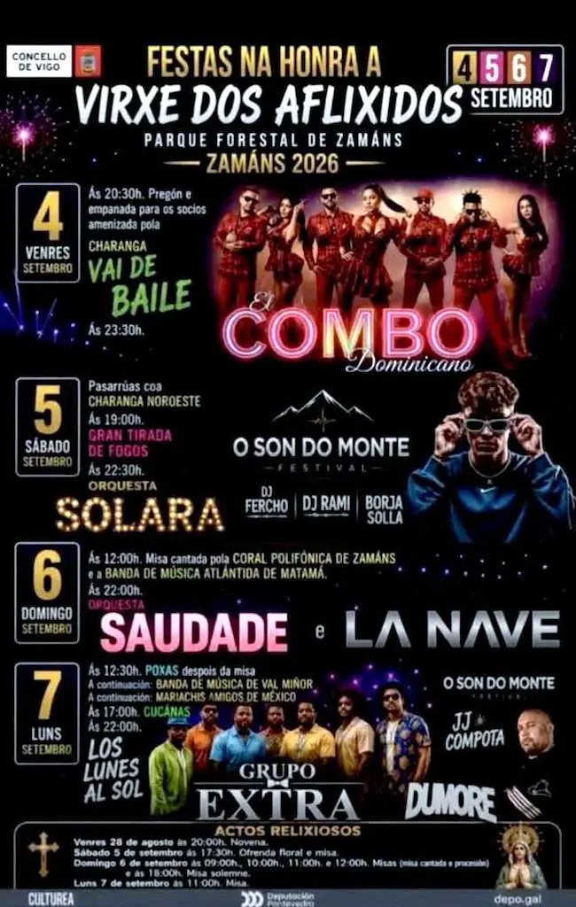Cartel oficial de las Festas da Virxe dos Aflixidos de Zamáns 2026, celebradas del 4 al 7 de septiembre en el Parque Forestal de Zamáns