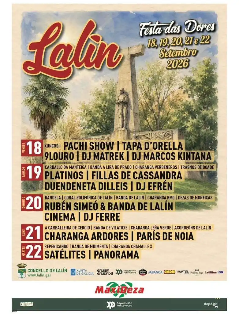 Cartel oficial de las Festas das Dores de Lalín 2026 con Panorama, París de Noia, Satélites, Cinema y Fillas de Cassandra