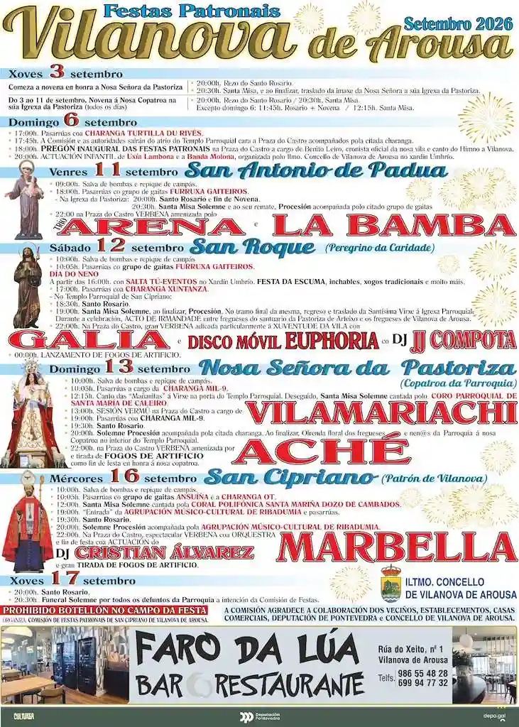 Cartel de las Festas Patronais de Vilanova de Arousa 2026 Cartel de las fiestas patronales de Vilanova de Arousa 2026 con La Bamba, Galia, Aché y Marbella