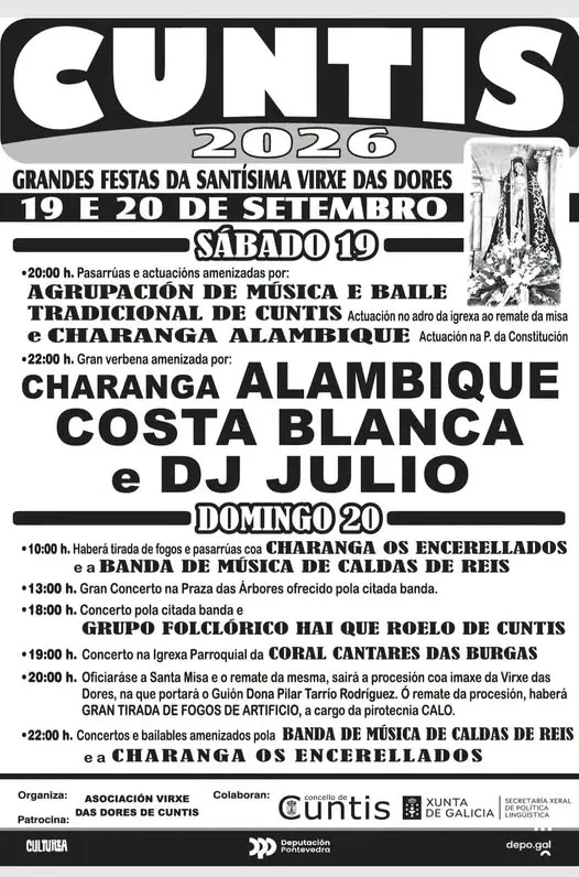 Cartel de las Festas de San Miguel de Campo Lameiro 2026 Programa de las Festas da Virxe das Dores de Cuntis, el 19 y 20 de septiembre de 2026