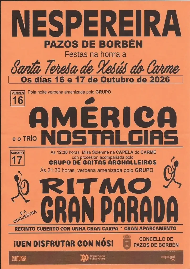 Cartel oficial de las fiestas de Santa Teresa de Xesús do Carme 2026 en Nespereira, Pazos de Borbén