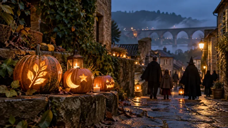Imagen ilustrativa del Samaín de Redondela con calacús iluminados y el viaducto al fondo