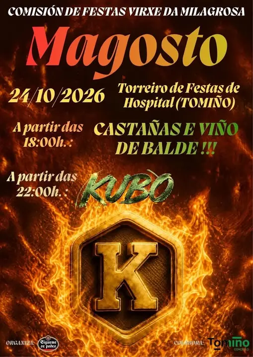 Cartel oficial del Magosto 2026 en Hospital, Tomiño, con el Grupo Kubo